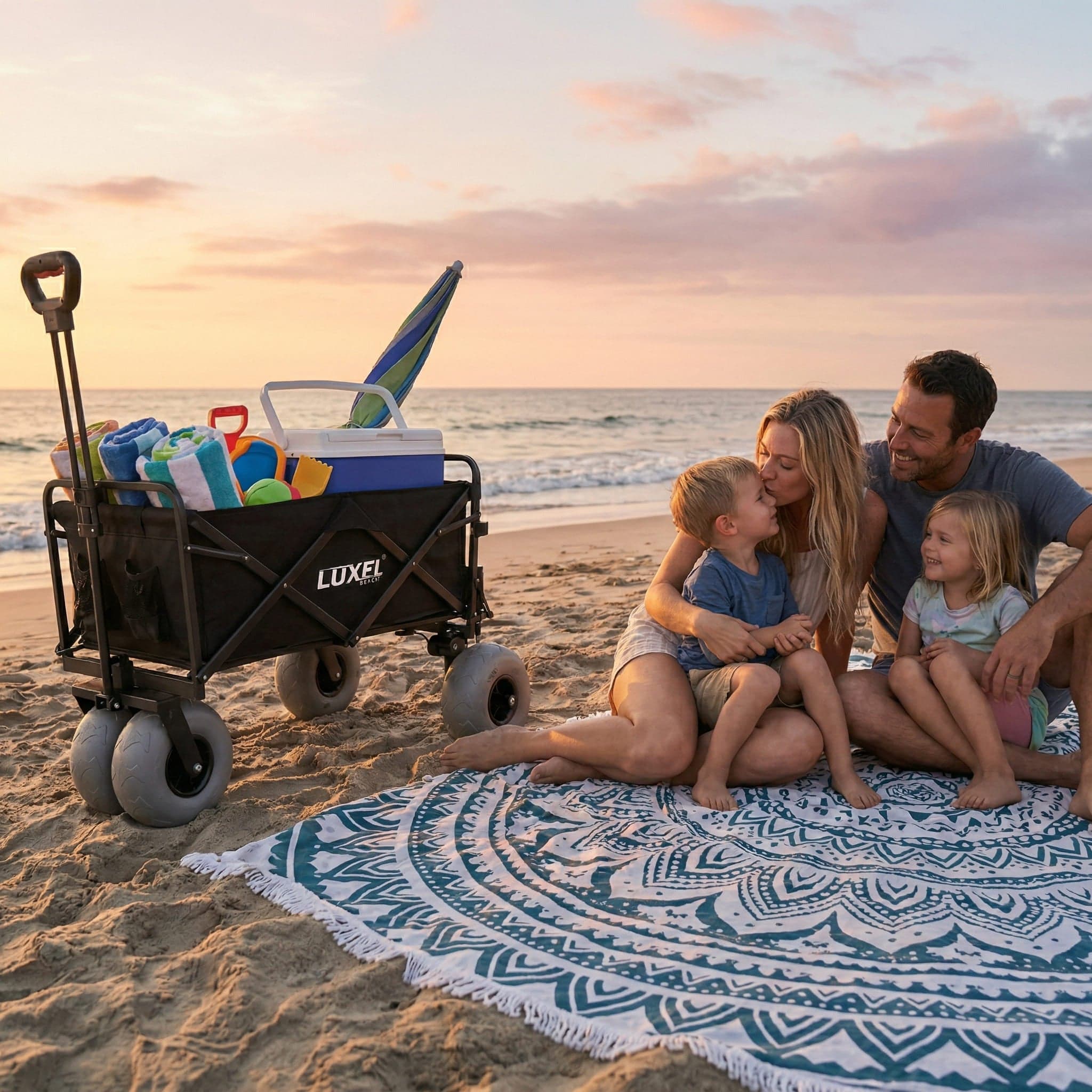 Family enjoying a beach day with a LUXEL wagon